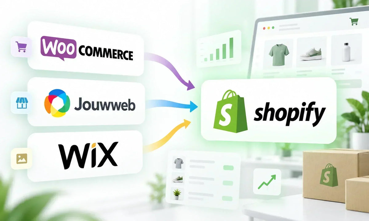 Illustratie van een migratie van WooCommerce, Jouwweb en Wix naar Shopify
