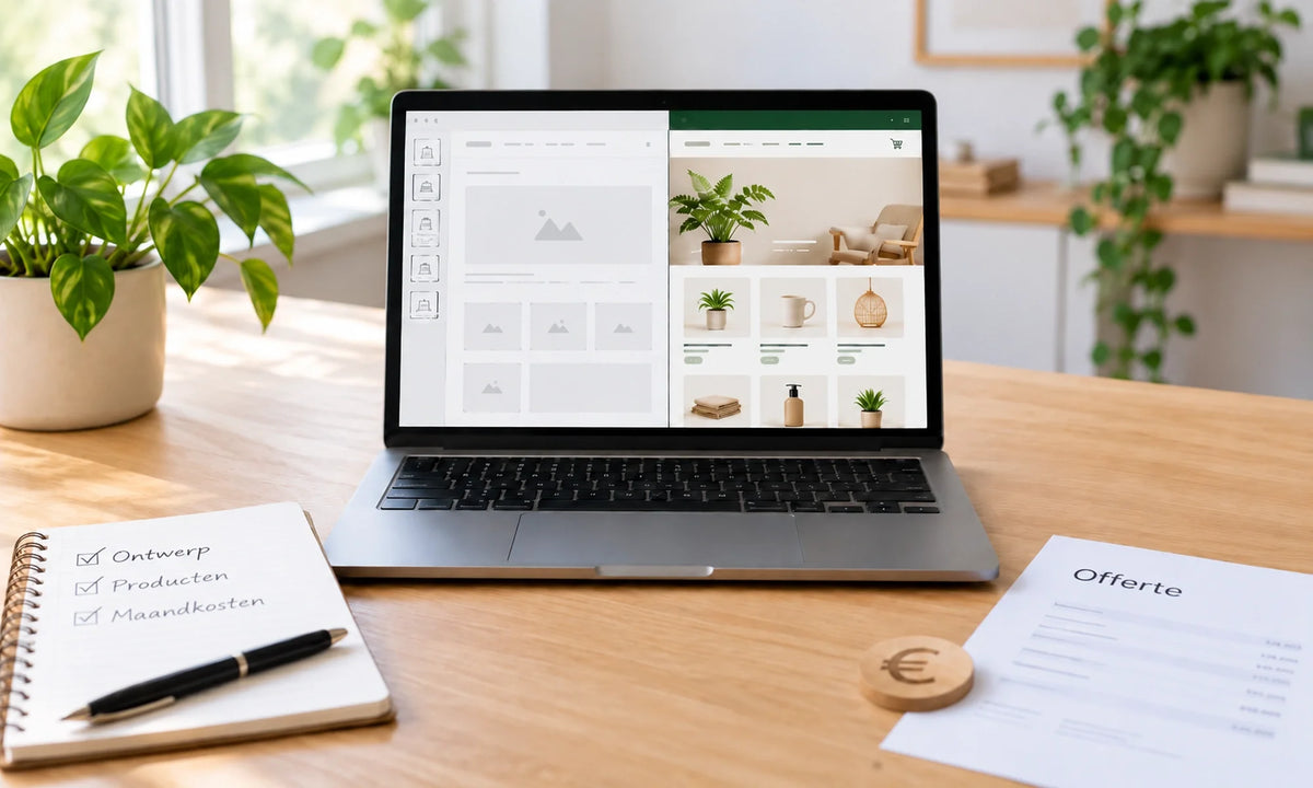Laptop met Shopify-webshop in opbouw, offerte en rekenmachine op een bureau