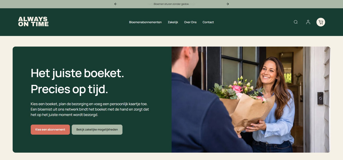 Homepage van Always On Time met de online bloemenservice
