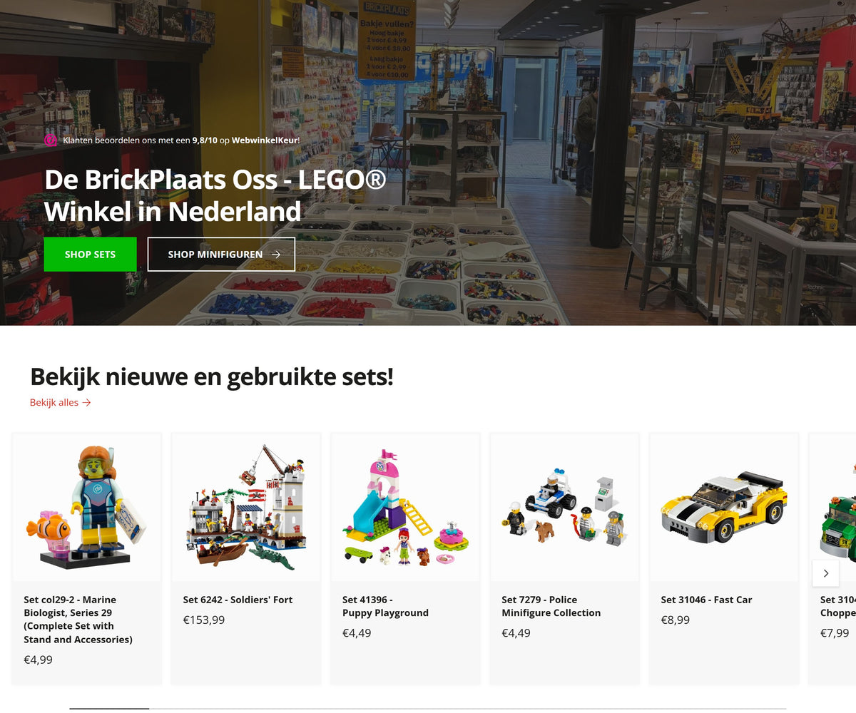 Homepage van De BrickPlaats met winkel en productaanbod