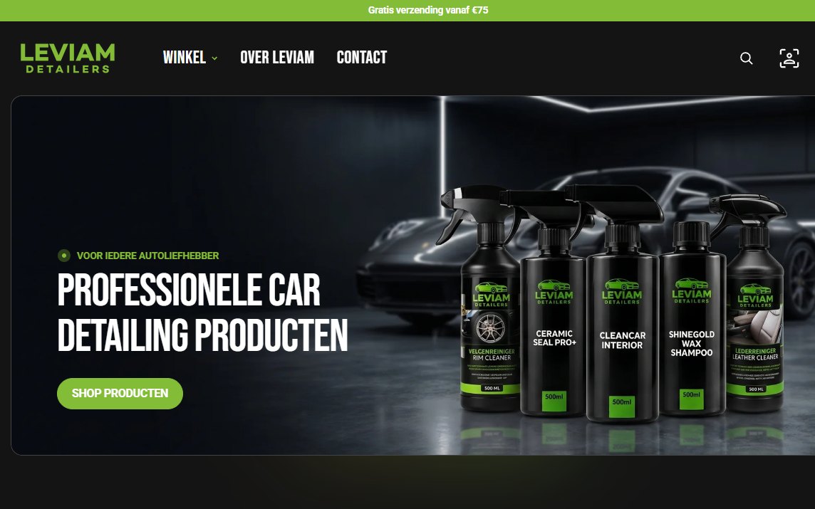 Homepage van de Shopify-webshop van Leviam Detailers