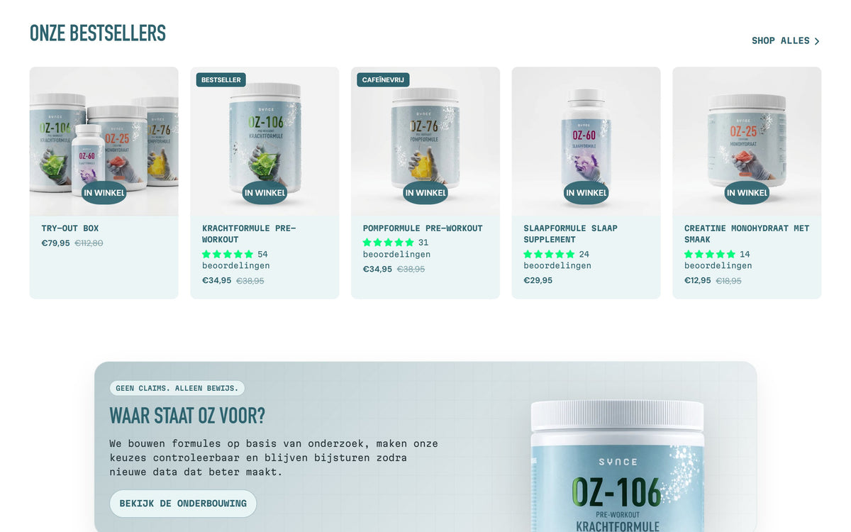 Bestsellers in de Shopify-webshop van SYNCE Nutrition
