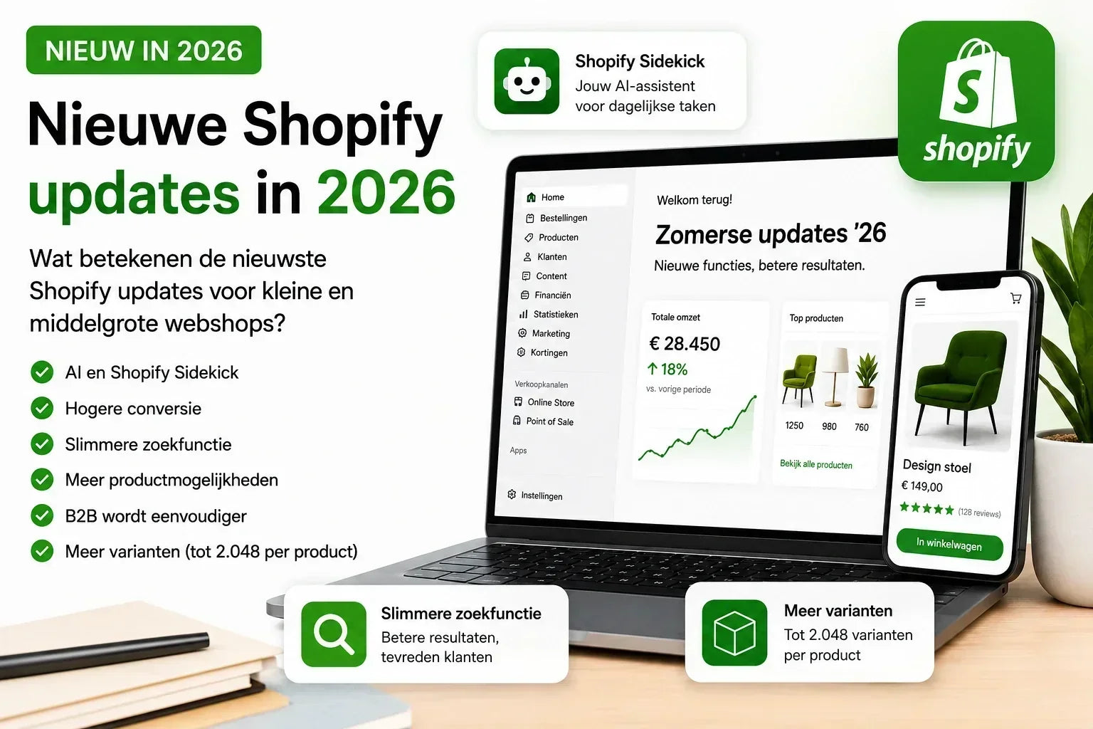 Nieuwe Shopify updates in 2026 voor kleine en middelgrote webshops, met Shopify Sidekick, AI, slimme zoekfunctie, conversieoptimalisatie en meer productvarianten.