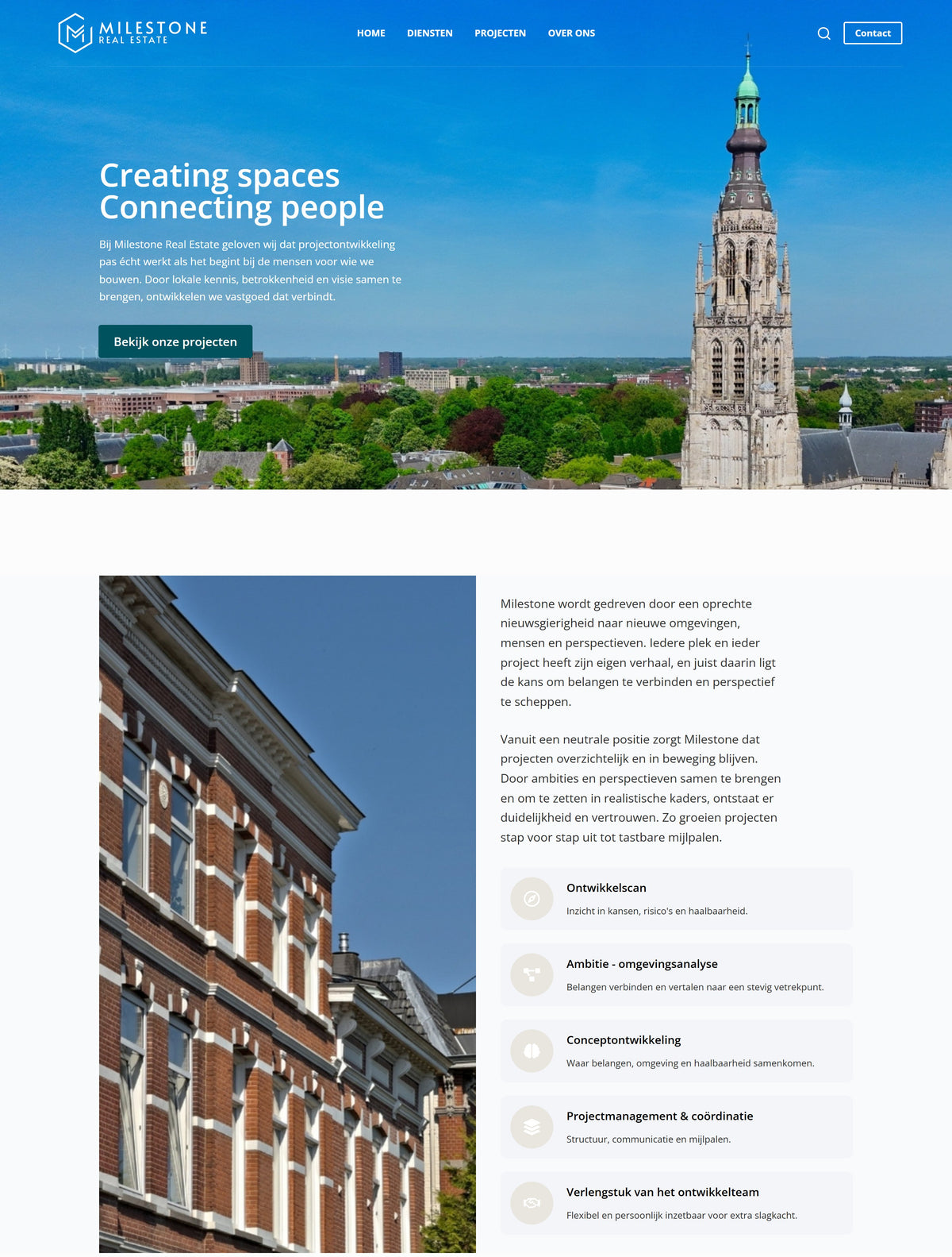 Website van Milestone Real Estate met introductie en diensten