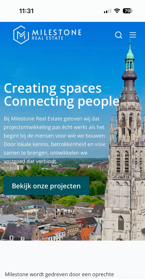 Homepage van de website van Milestone Real Estate op mobiel