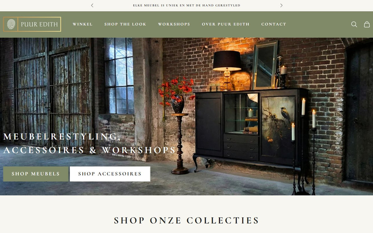 Homepage van de Shopify-webshop van Puur Edith