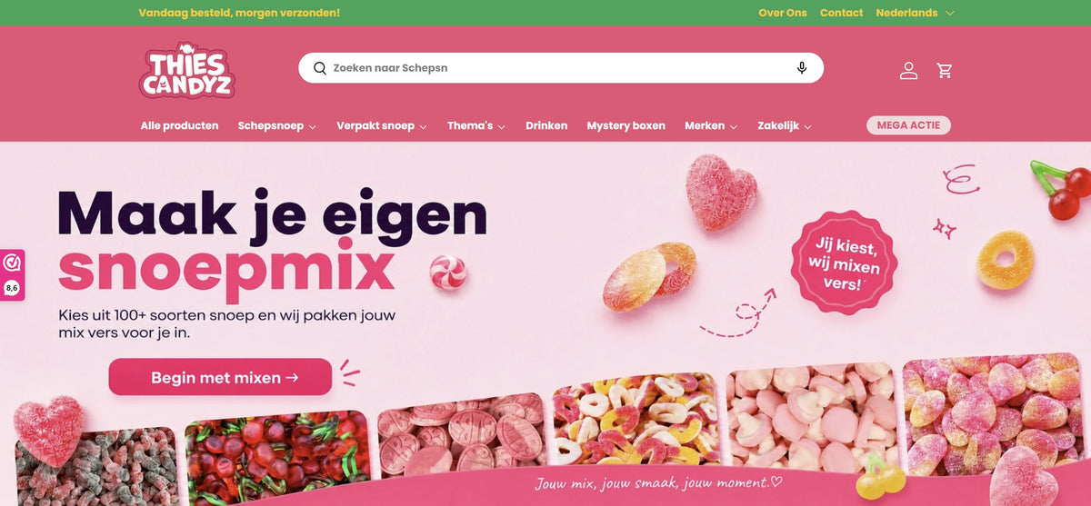Homepage van de Shopify-webshop van ThiesCandyz